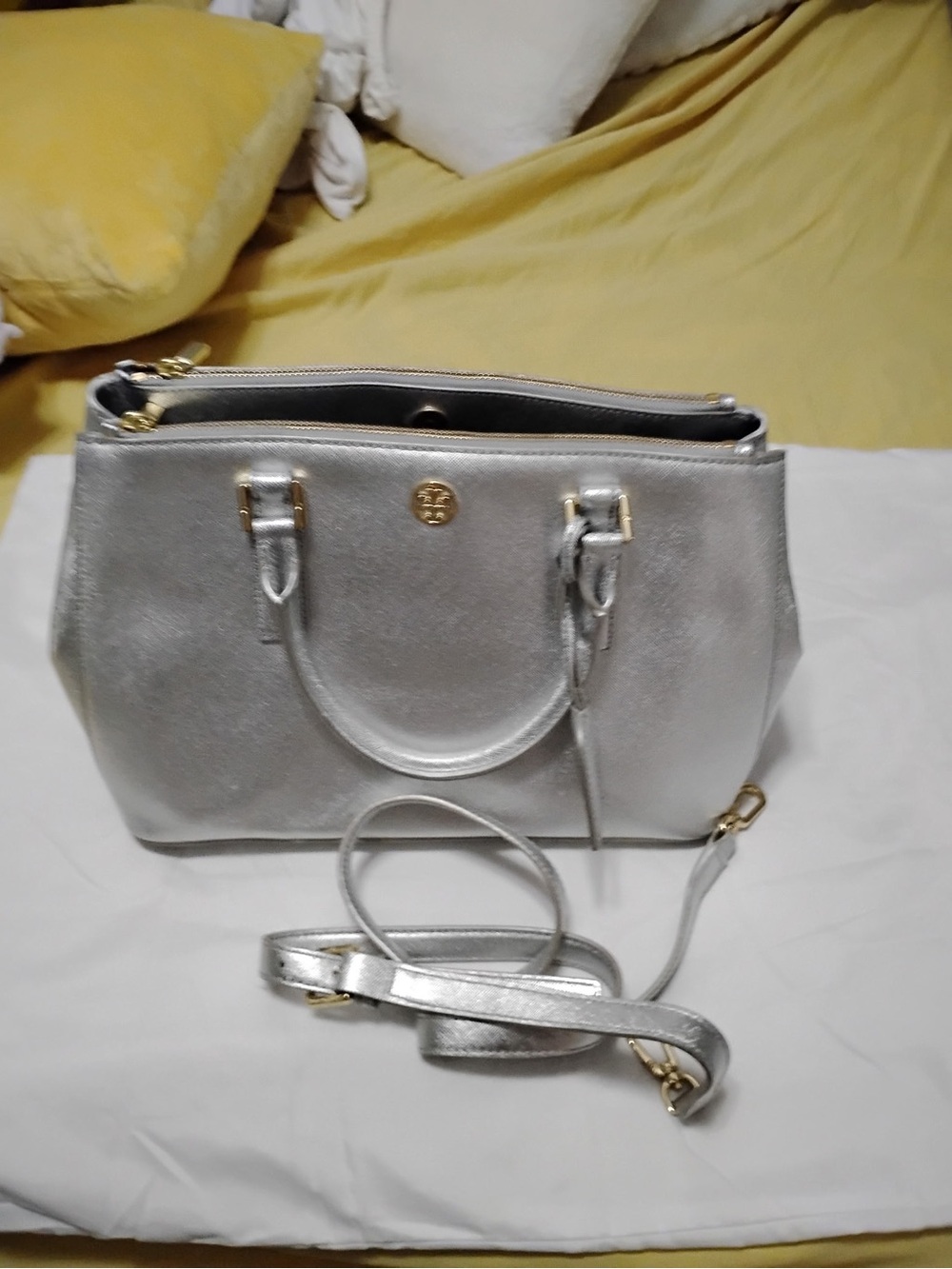 Tory Burch Silver Metallic Structured Satchel Handbag with Detachable Strap.
